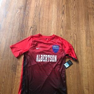 Nike dri-fit V neck men T shirt in red with Albertsons monogram (soccer club)